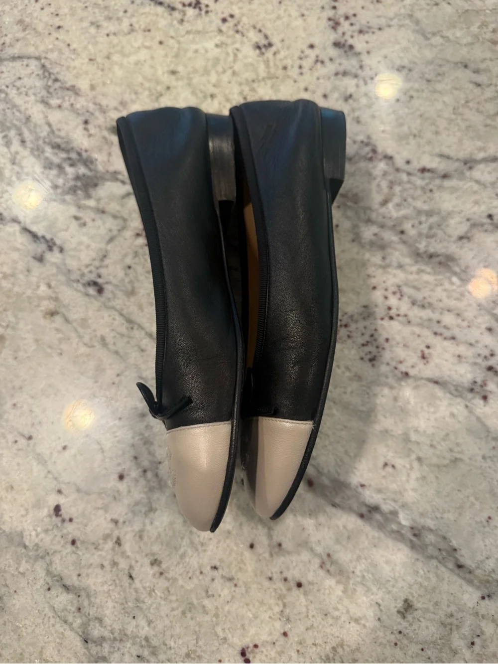 CHANEL Black Leather Ballet Flats with Cream Cap Toe size 7